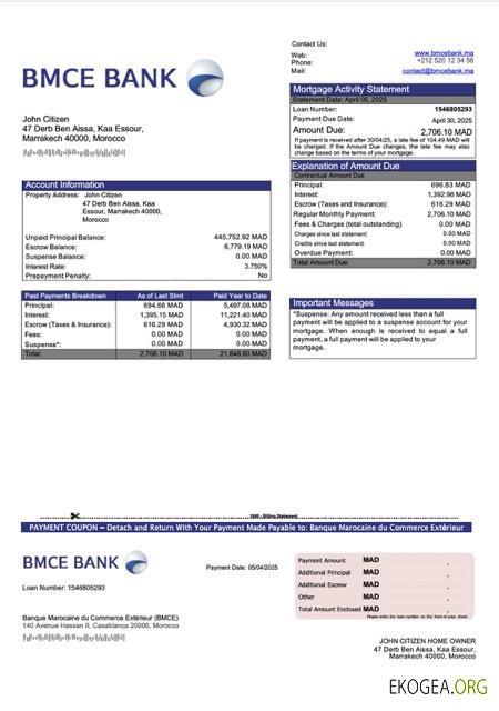 Maroc Relevé hypothécaire de la Banque Marocaine du Commerce Extérieur (BMCE) Modèle Word et PDF